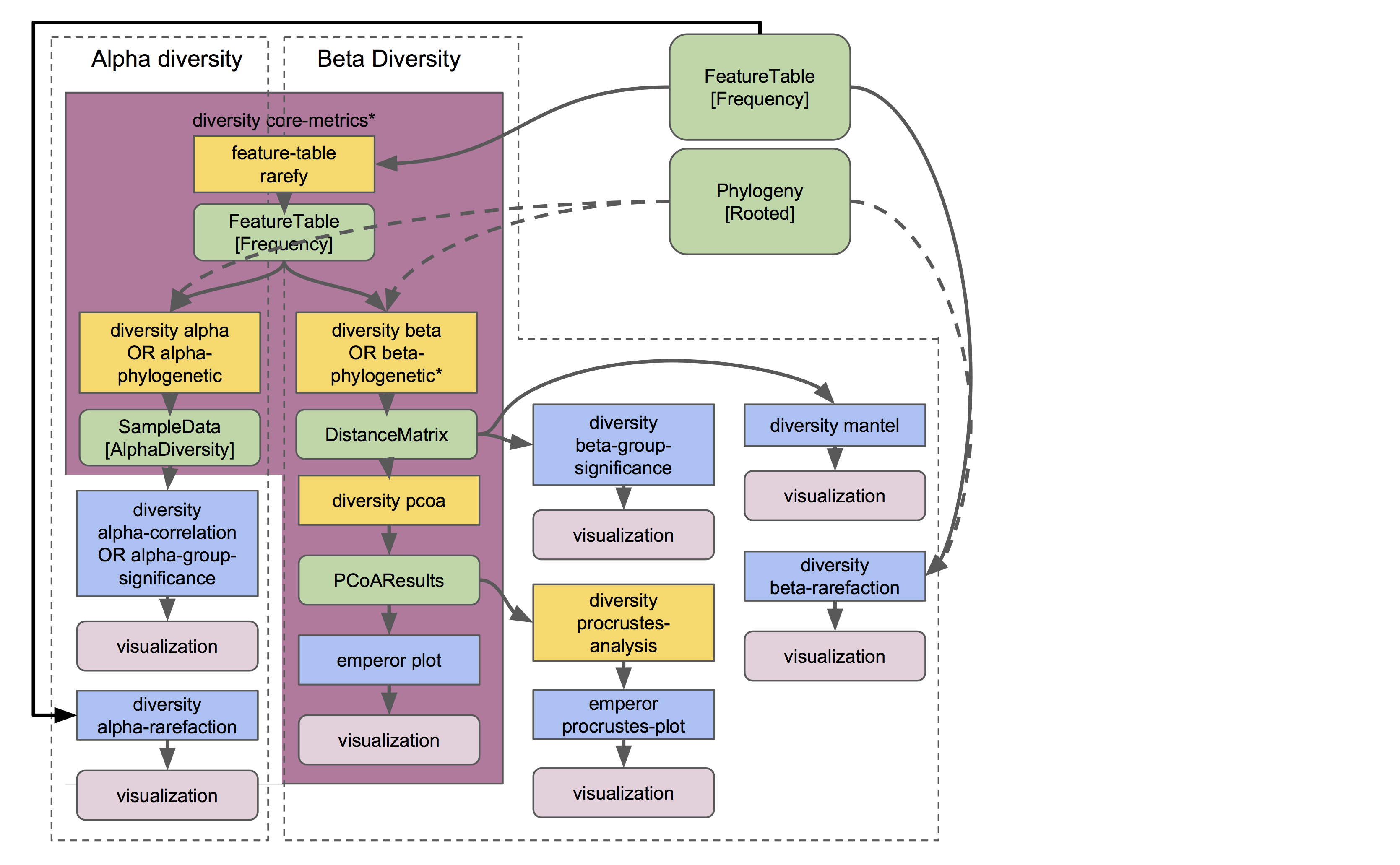 Flowchart of diversity analysis workflows in QIIME 2.